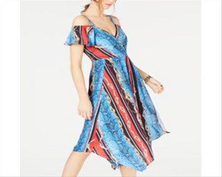 INC International Concepts Women's Cold Shoulder Printed V Neck MIDI Sheath Dress Blue Size 8