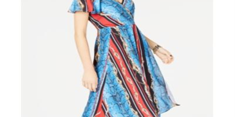 INC International Concepts Women's Cold Shoulder Printed V Neck MIDI Sheath Dress Blue Size 8