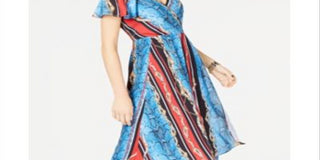 INC International Concepts Women's Cold Shoulder Printed V Neck MIDI Sheath Dress Blue Size 8