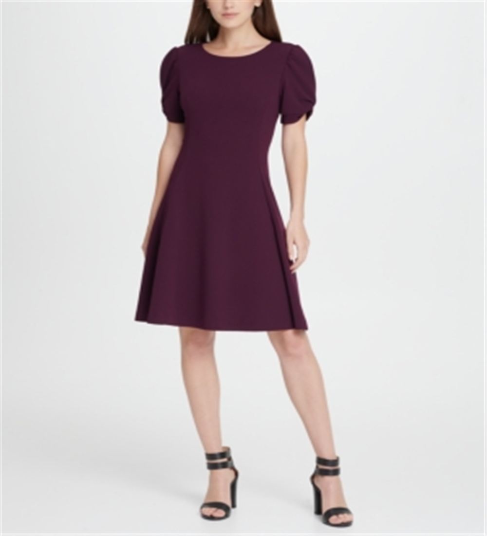 DKNY Women's Short Sleeve Jewel Neck Above the Knee Fit Flare Wear to Work Dress Purple Size 4