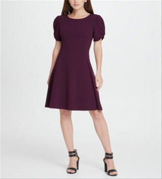 DKNY Women's Short Sleeve Jewel Neck Above the Knee Fit Flare Wear to Work Dress Purple Size 4