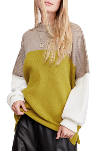 Free People Women's Color Block Long Sleeve Mock Sweater Green Size Large