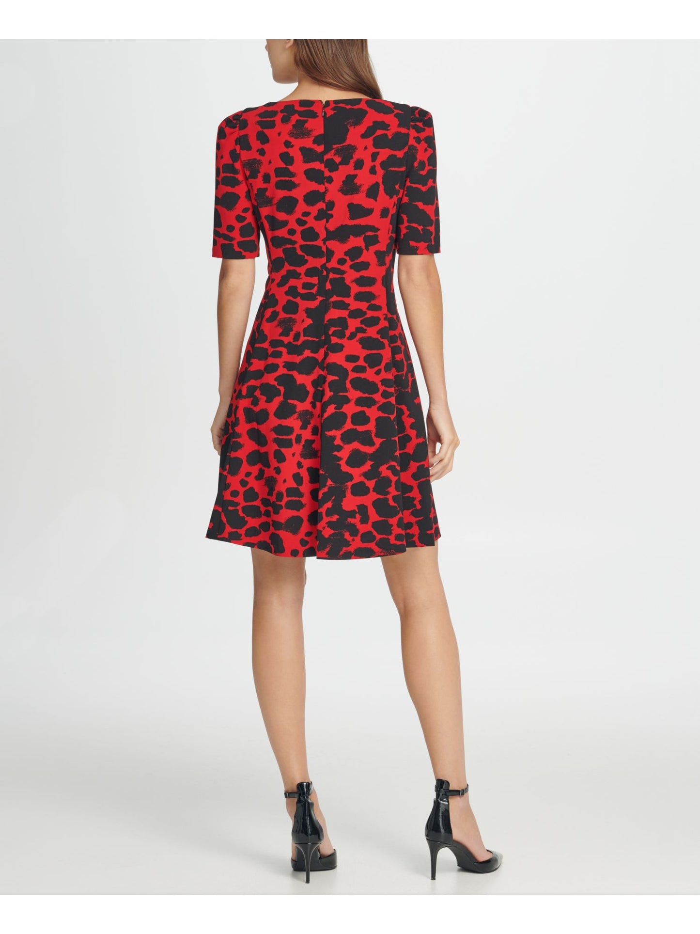 DKNY Women's Zippered Animal Print Short Sleeve Jewel Neck Above the Knee Fit Flare Dress Red Size 14