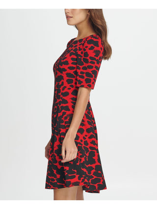 DKNY Women's Zippered Animal Print Short Sleeve Jewel Neck Above the Knee Fit Flare Dress Red Size 14