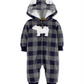 Carter's Boy's Plaid Buffalo Check Polar Bear Ears Hooded Fleece Playsuit Gray Size 3MOS