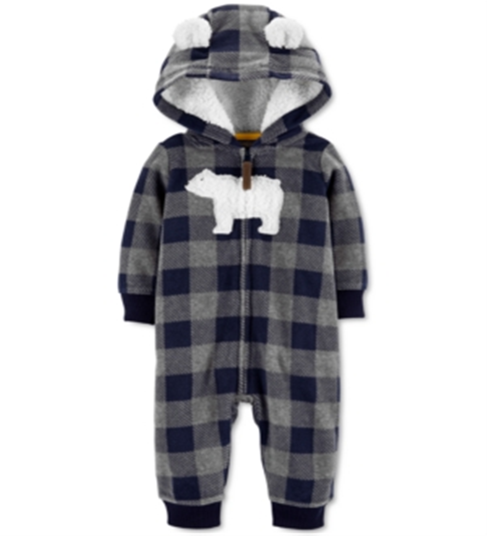 Carter's Boy's Plaid Buffalo Check Polar Bear Ears Hooded Fleece Playsuit Gray Size 3MOS