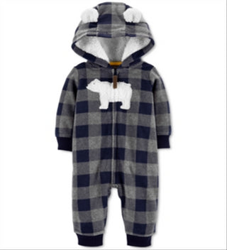 Carter's Boy's Plaid Buffalo Check Polar Bear Ears Hooded Fleece Playsuit Gray Size 3MOS
