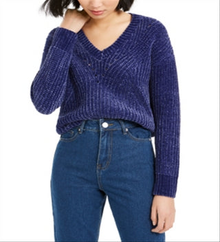 Bar III Women's Eyelet V Neck Crop Sweater Purple Size X-Small