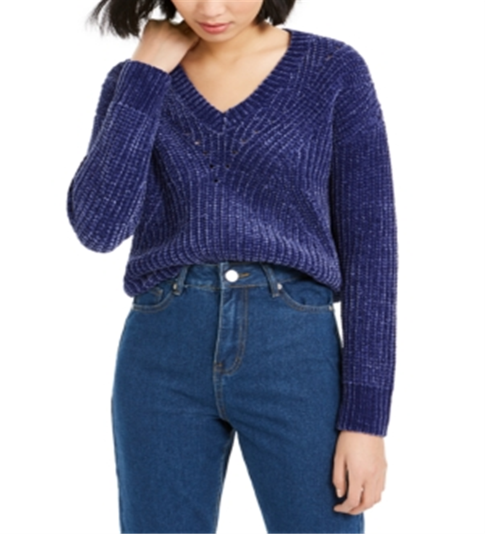 Bar III Women's Eyelet V Neck Crop Sweater Purple Size X-Large