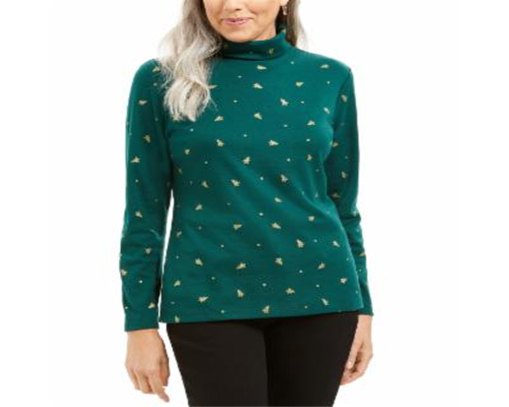 Karen Scott Women's Printed Turtleneck Top Green Size Small