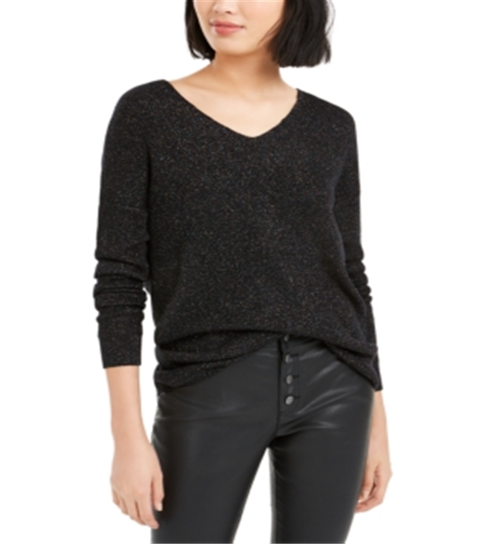 Bar III Women's Gathered Glitter Long Sleeve V Neck Top Black Size X-Small