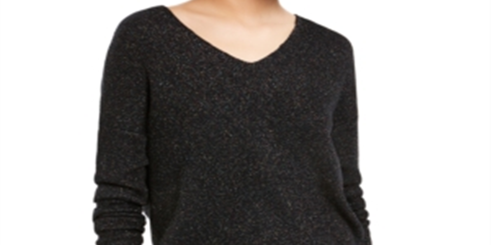Bar III Women's Gathered Glitter Long Sleeve V Neck Top Black Size X-Small