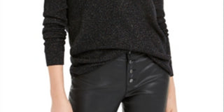 Bar III Women's Gathered Glitter Long Sleeve V Neck Top Black Size X-Small