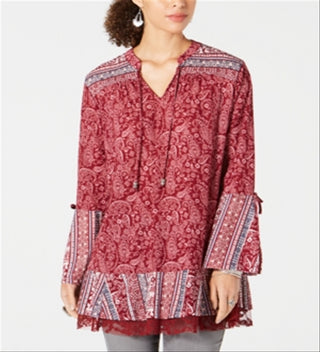 Style & Co Women's Printed Bell Sleeve Tunic Red Size Petite S