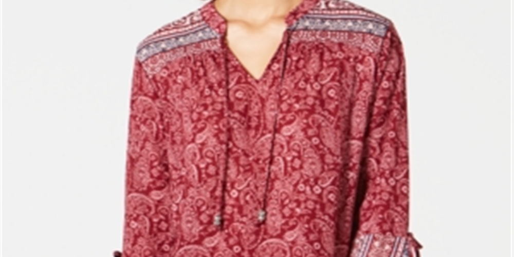 Style & Co Women's Printed Bell Sleeve Tunic Red Size Petite S