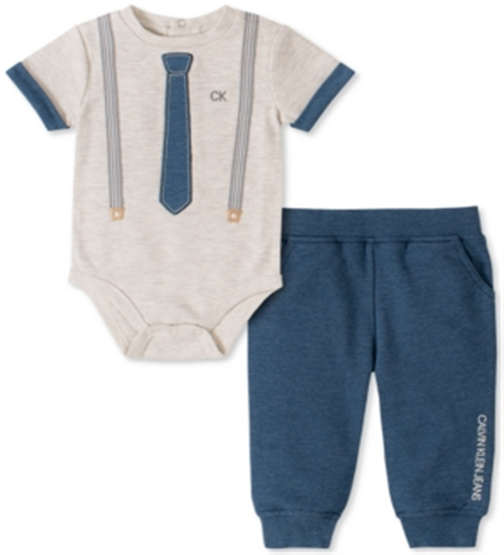 Calvin Klein Baby Boy's 2 Pc Necktie & Suspender Bodysuit & Jogger Pants Set Gray  Size 3-6M