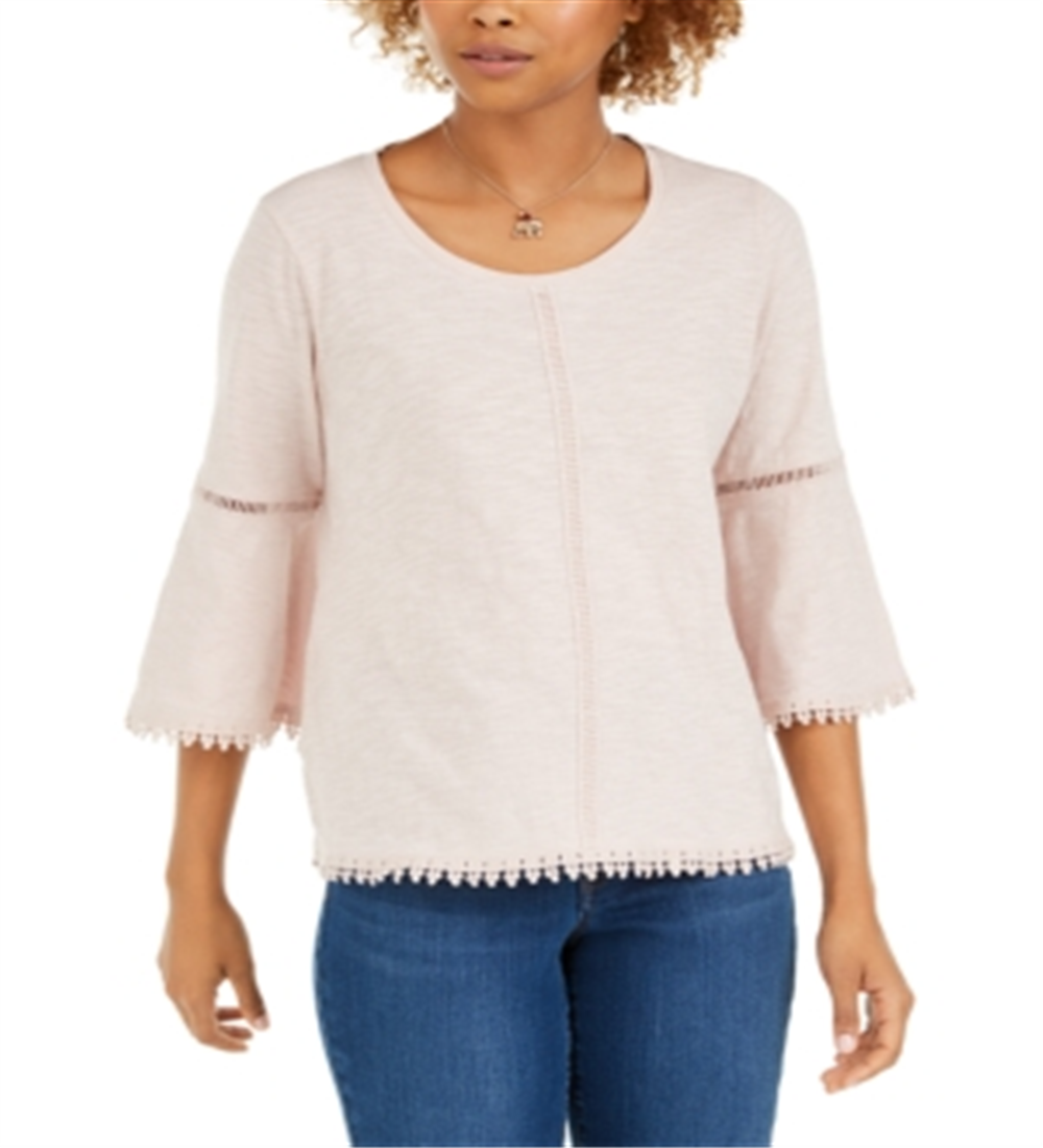 Style & Co Women's Crochet Trim Bell Sleeve Top Brown Size Small