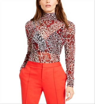 Bar III Women's Mockneck Animal Print Top -Red Size XXS