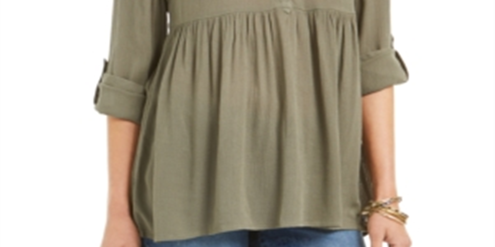 Style & Co Women's Roll Sleeve Oversized Shirt Green Size Medium