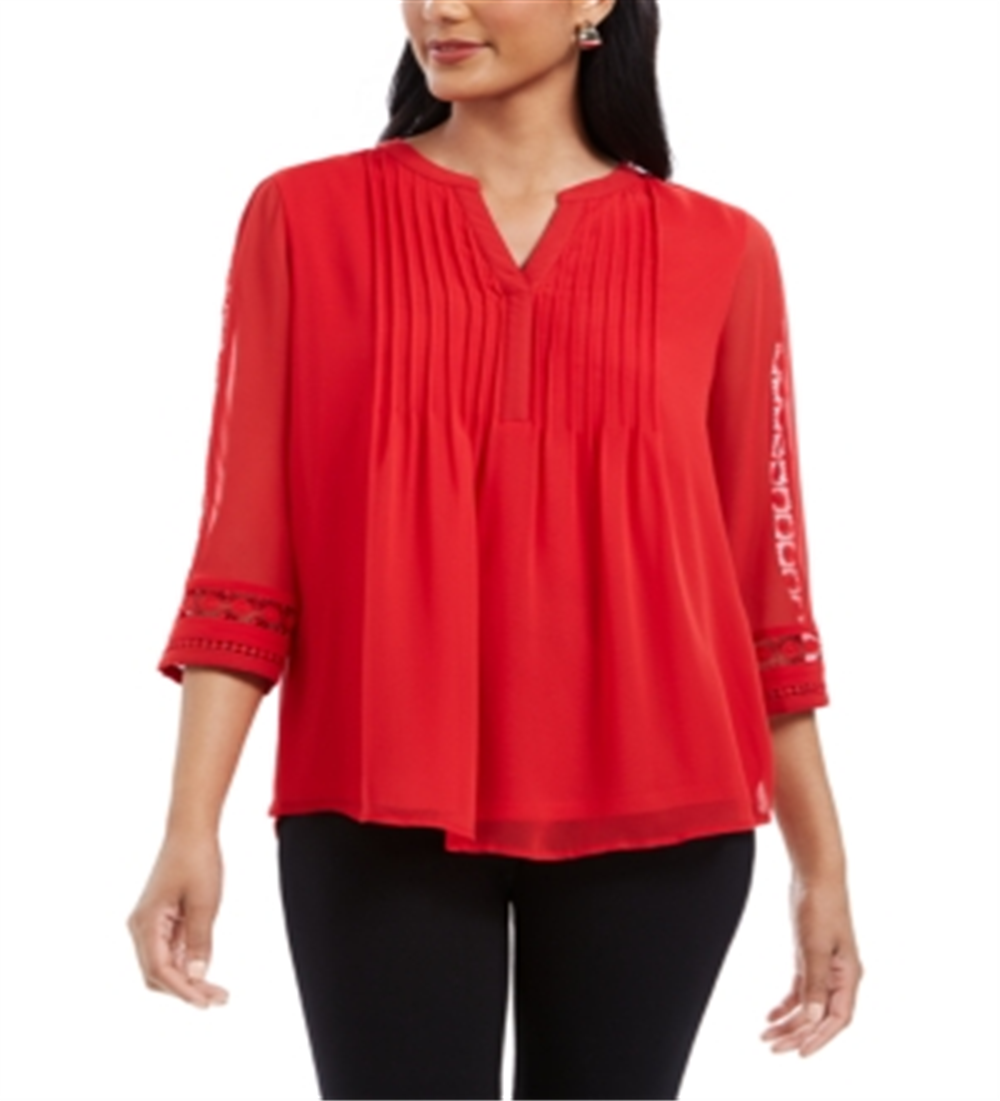Charter Club Women's Solid Knit Pintuck Top Red Size XS
