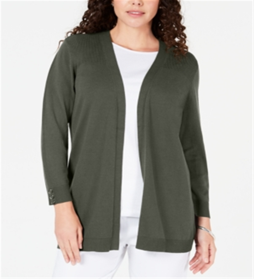 Karen Scott Women's Open Front Button Cuffed Cardigan Green Size -XL