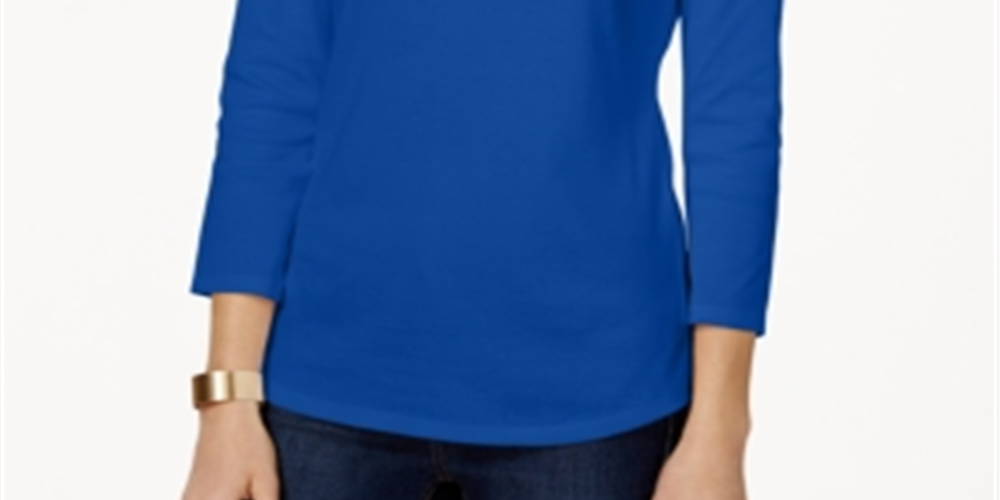 Charter Club Women's Pima Cotton Boat Neck Button Shoulder Top Blue Size 2XL