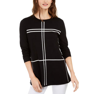 Alfani Women's Grid pattern Long Sleeve Crew Neck Sweater Black Size Small