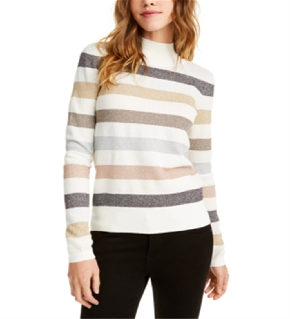 Maison Jules Women's Metallic Mock Neck Sweater White Size XXS