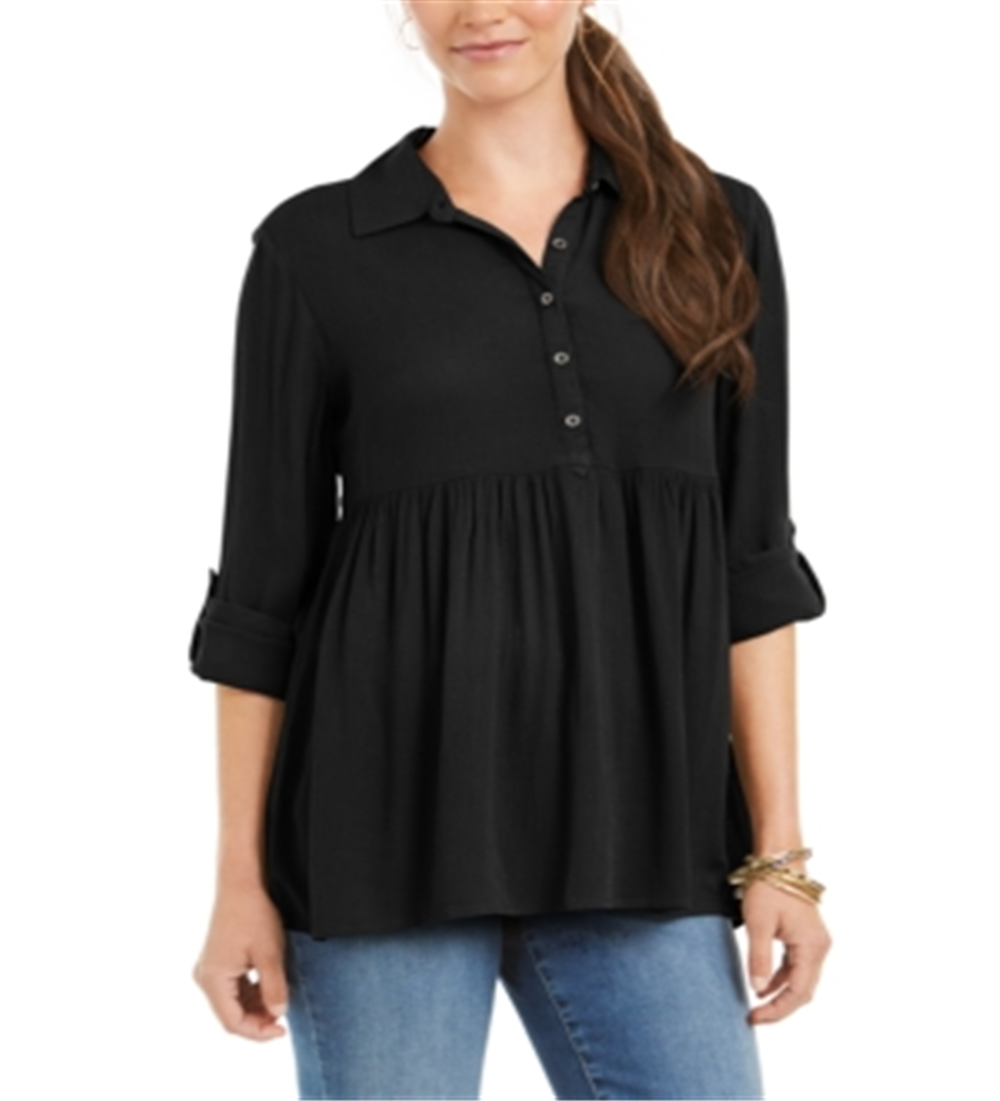 Style & Co Women's Roll Sleeve Oversized Shirt Black Size XL