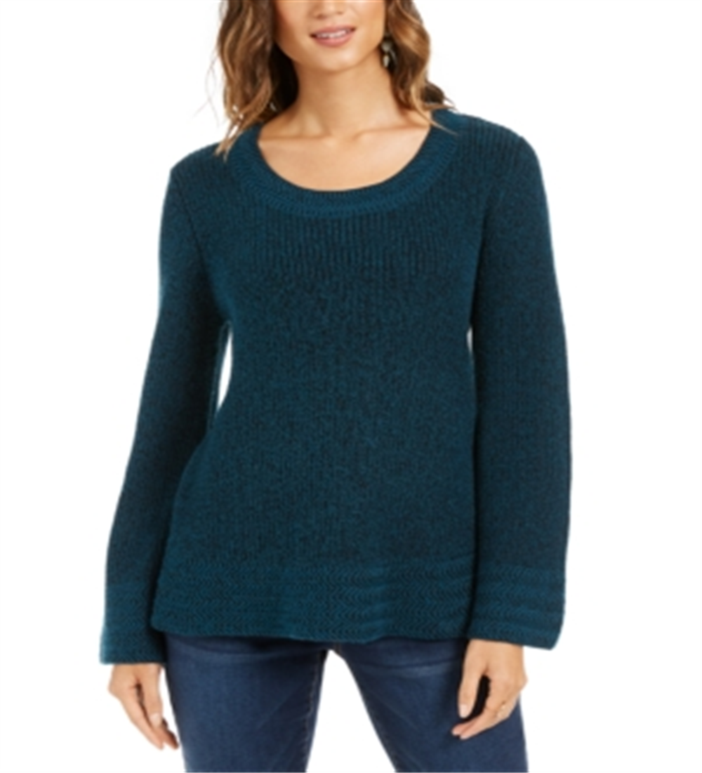 Style & Co Women's Textu Knitted Printed Long Sleeve Scoop Neck T-Shirt Sweater Green Size Petite S