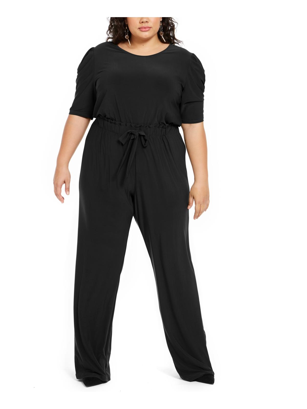 NY Collection Women's Plus Stretch Puff Sleeves Jumpsuit Black Size 2X