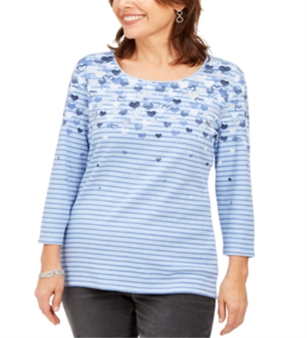 Karen Scott Women's Falling Hearts Embellished Striped Top Blue Size Small