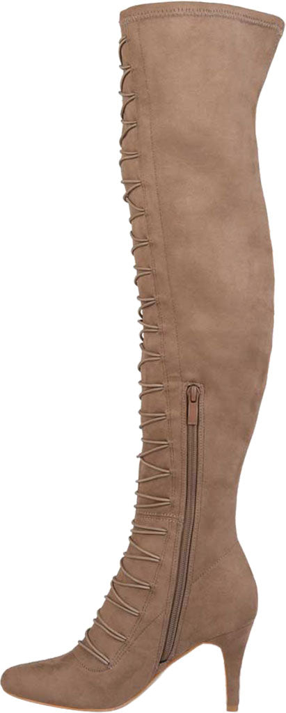 Journee Collection Women's Zip Elastic Laces Wide Calf Comfort Trill Round Toe Stiletto Heeled Boots Brown Size 12M