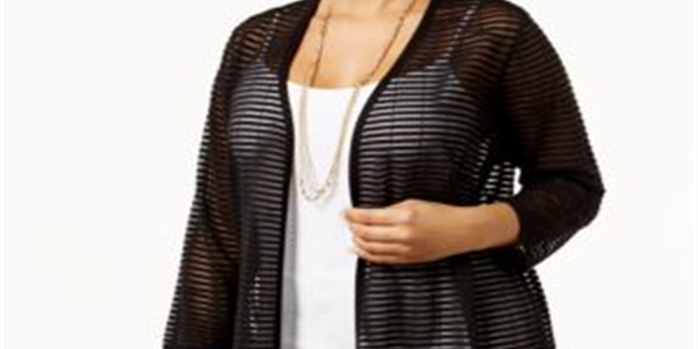 Alfani Women's Plus Illusion-Stripe Cardigan Black Size 0X