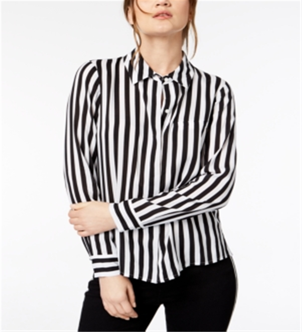 INC International Concepts Women's Striped Button Down Shirt Black Size X-Large