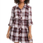 American Rag Juniors' Printed Roll-Sleeve Shirtdress Zinfandel Plaid Size XL