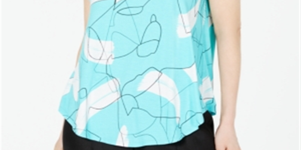 Alfani Women's New Linear Abstract Printed Round Hem T-Shirt Blue Size Medium