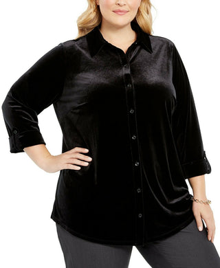 Charter Club Women's Plus Button Front Velvet Top Black Size 1X