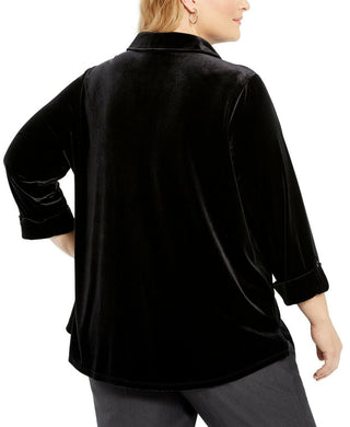 Charter Club Women's Plus Button Front Velvet Top Black Size 1X