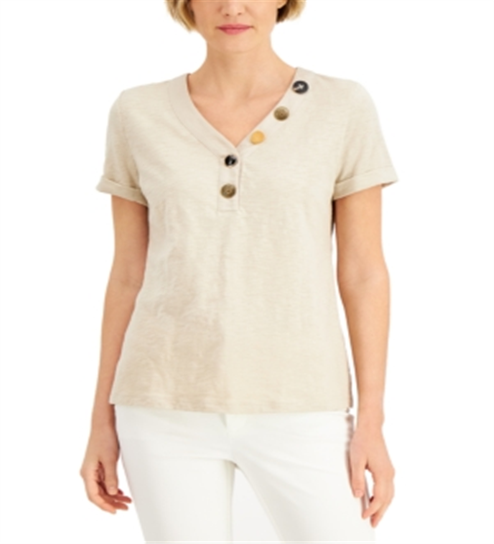 JM Collection Women's Mixed Button Top Brown Size X-Small