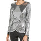 INC International Concepts Women's Sequined Knot Front Blouse Silver Size Small