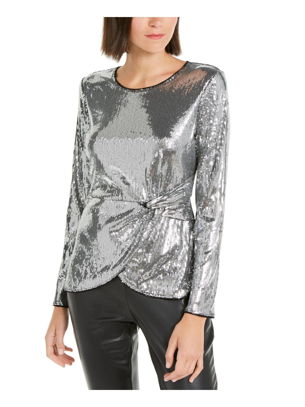INC International Concepts Women's Sequined Knot Front Blouse Silver Size Small