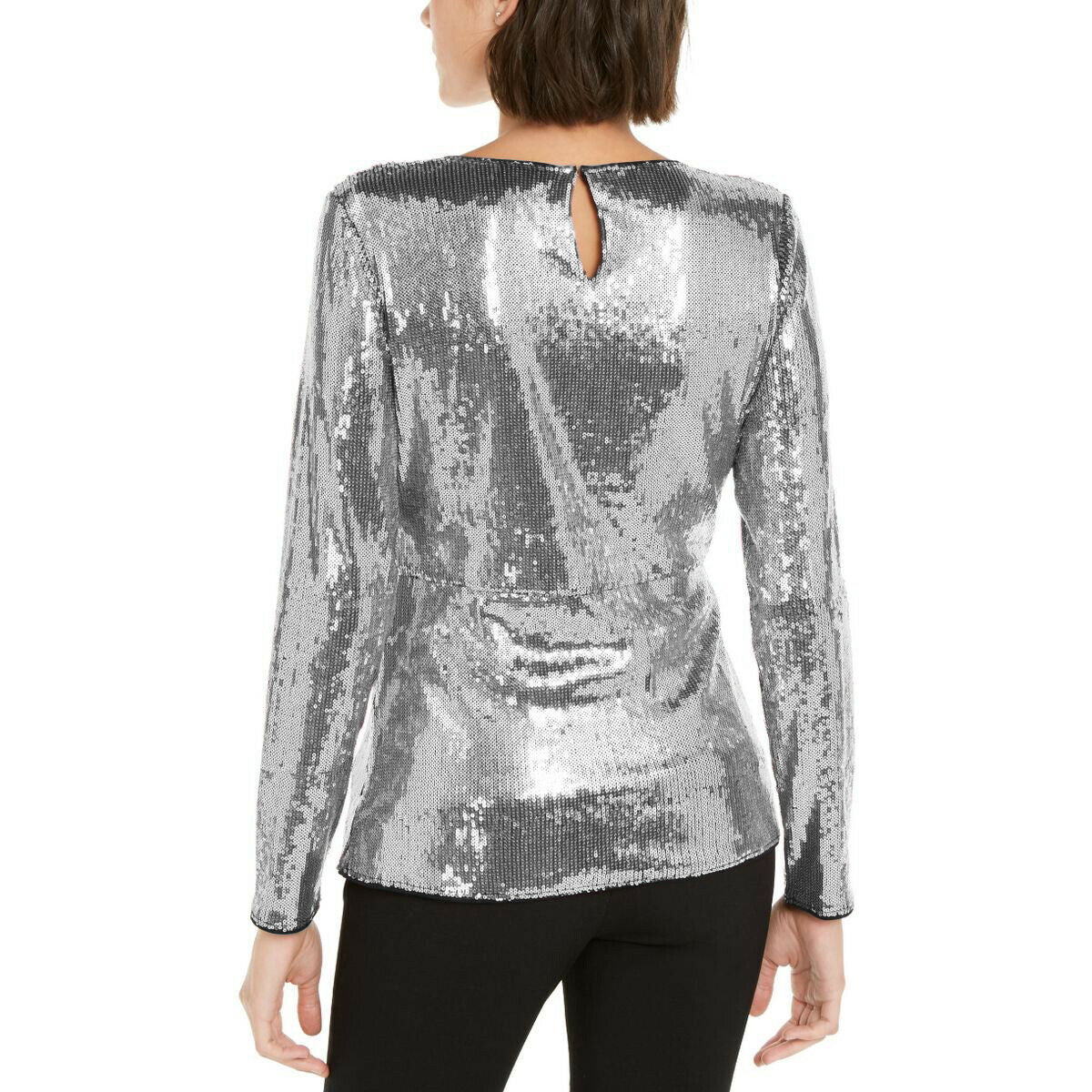 INC International Concepts Women's Sequined Knot Front Blouse Silver Size Small