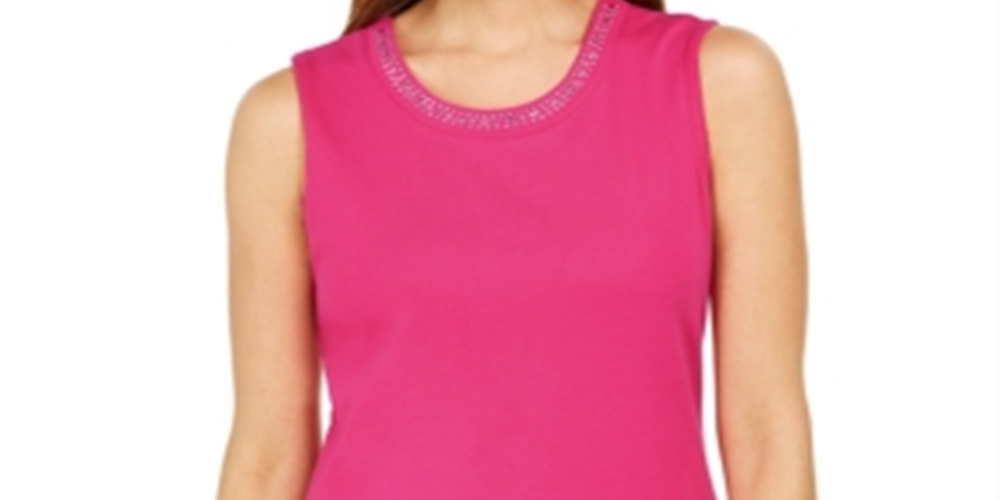 Karen Scott Women's Cotton Embellished Neck Top Pink Size X-Large