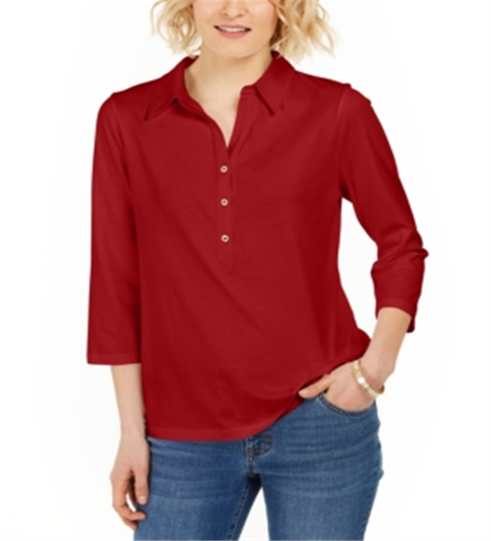 Charter Club Women's Supima Cotton 3/4 Sleeve Polo Top Red  Size XL