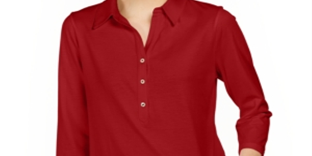 Charter Club Women's Supima Cotton 3/4 Sleeve Polo Top Red  Size XL