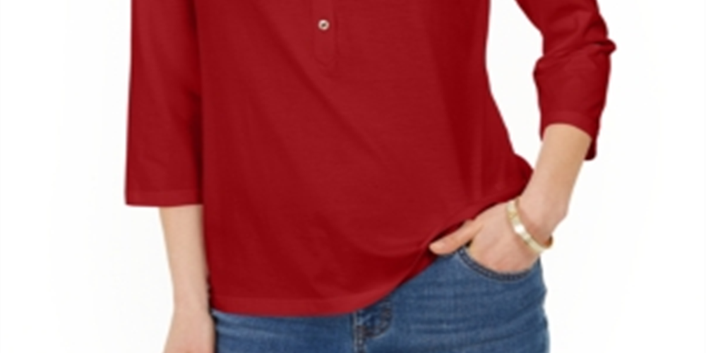 Charter Club Women's Supima Cotton 3/4 Sleeve Polo Top Red  Size XL