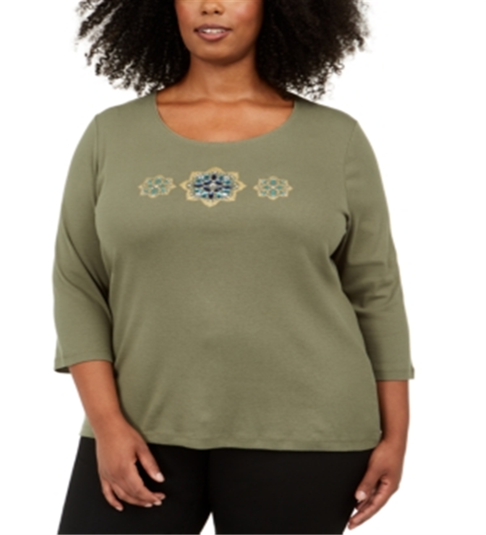 Karen Scott Women's Plus Sequin Flower Shirt Top Green Size 4X