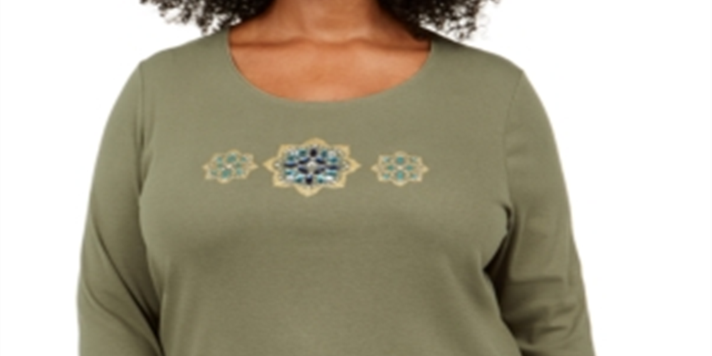 Karen Scott Women's Plus Sequin Flower Shirt Top Green Size 4X
