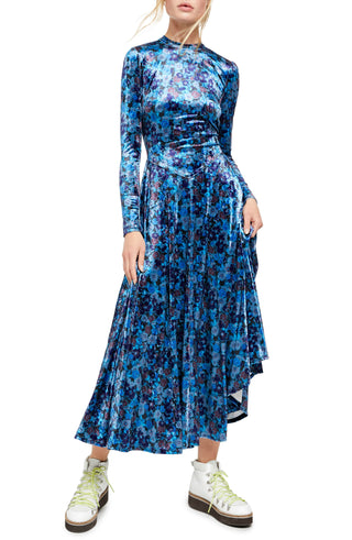 Free People Women's Heartland Velvet Floral Print MIDI Dress Blue Size Small